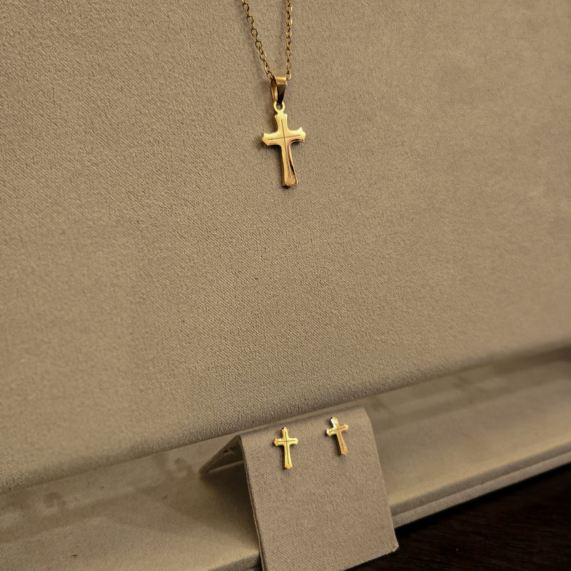 Gold Cross Earrings & Pendant Set