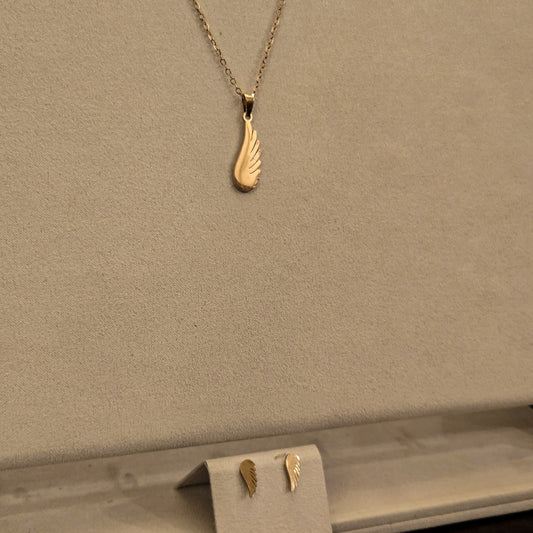 Gold Wing Feather Earrings & Pendant Set